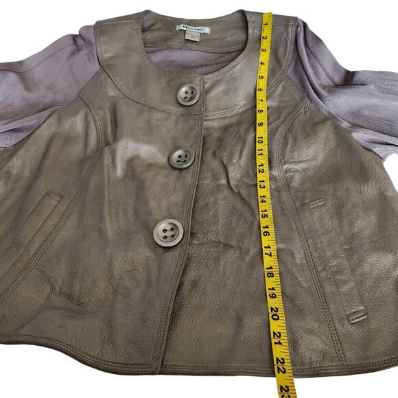 Nygard Jacket Pewter Leather Front Trim Collarless‎ Knit Back 3/4 Sleeves Size L - Picture 15 of 16